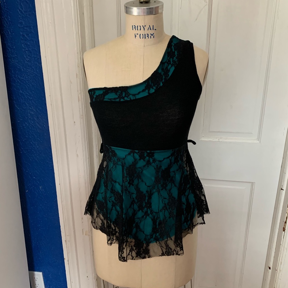 Blue and black lace one shoulder top